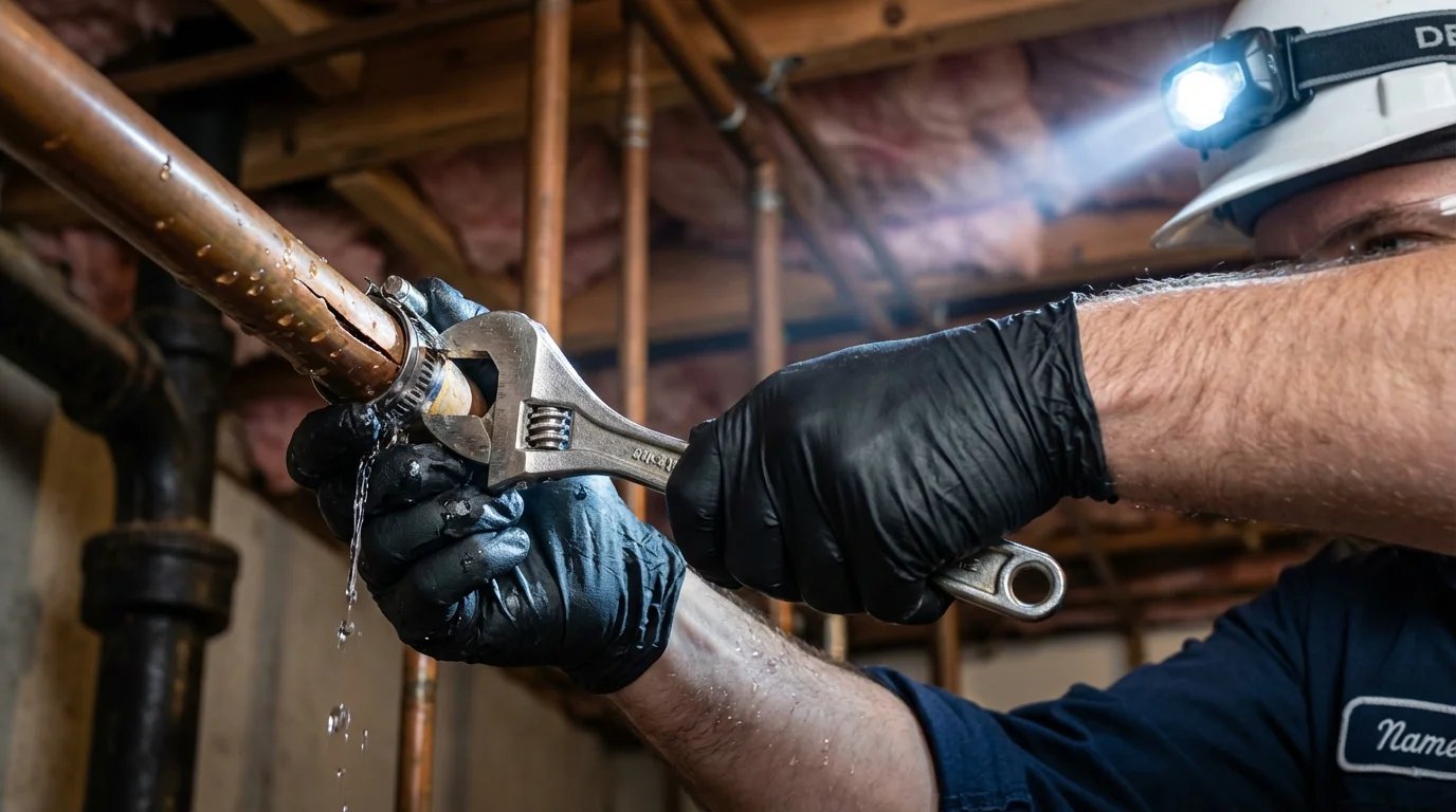 Emergency pipe clamp repair being performed by a Johns Plumbing LLC plumber in Clay Center