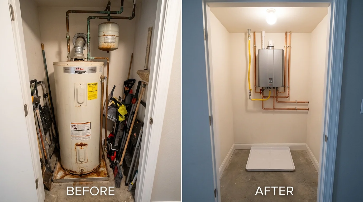 Tank water heater versus wall-mounted tankless unit comparison for Clay Center, KS homeowners