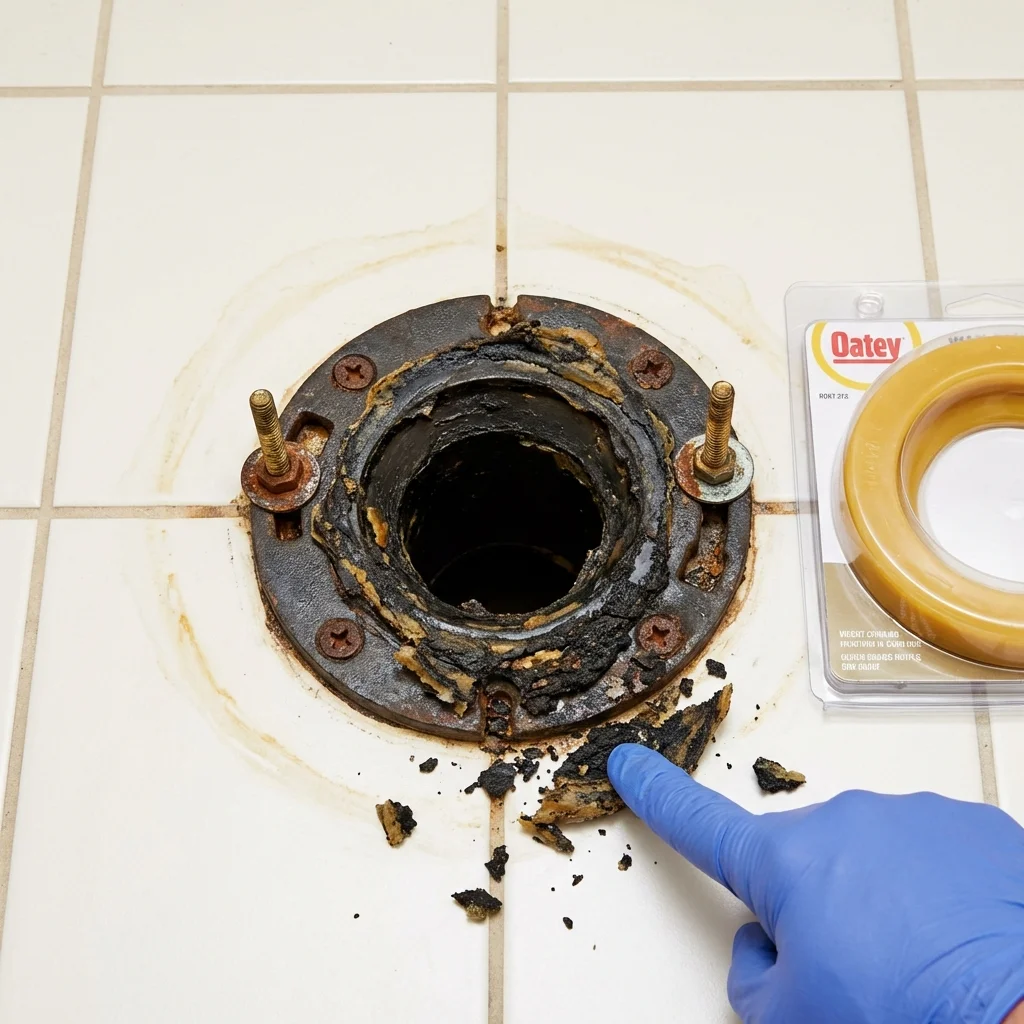 Failed wax ring showing water seepage at the base of a toilet in a Clay Center, KS home