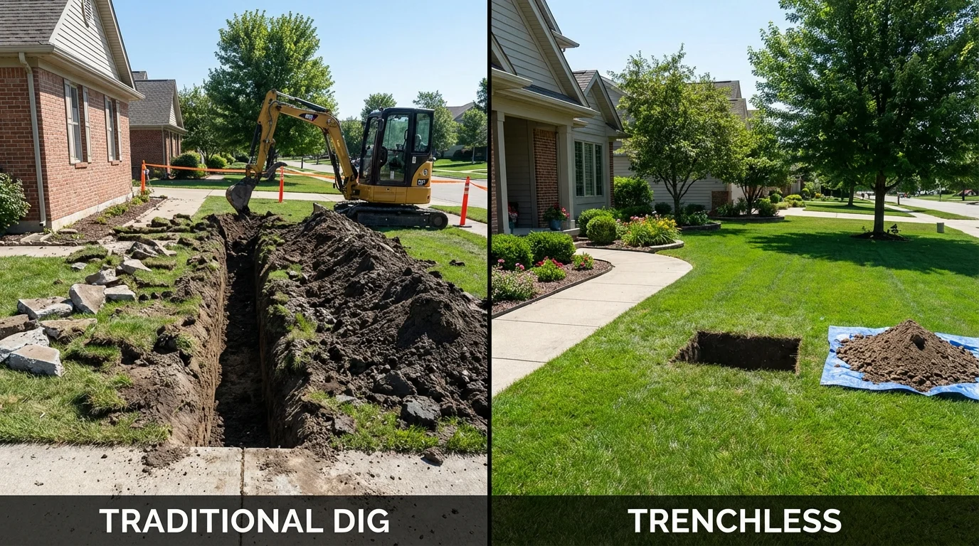 Trenchless sewer repair with minimal yard damage versus traditional excavation in Clay Center, KS