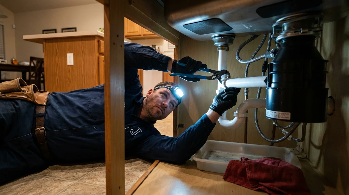P-trap and supply line connections under a kitchen sink showing a common leak point in Clay Center, KS
